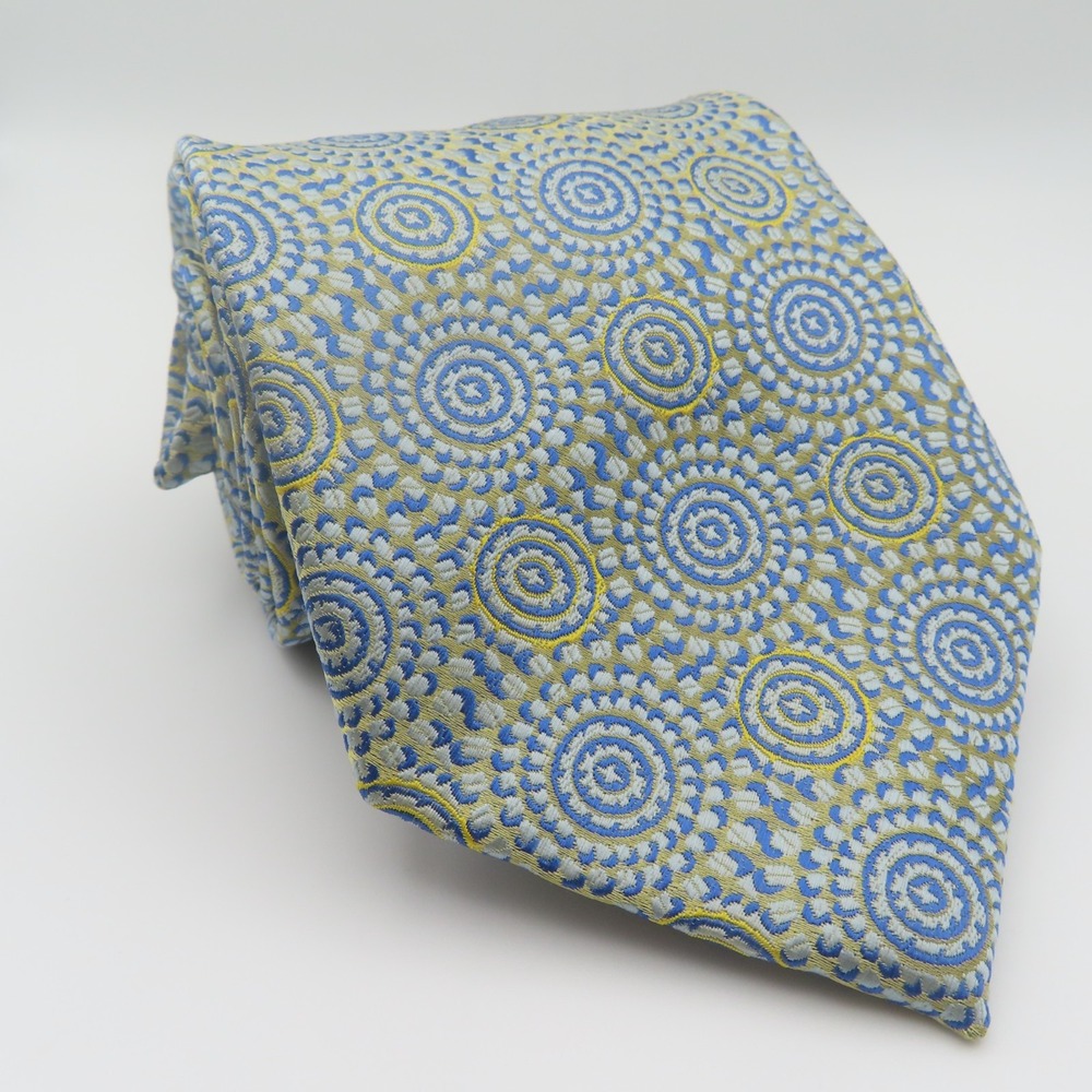 D&T Tie Silk Blue Silver Yellow 3.75" Wide 58" Long Hand Made